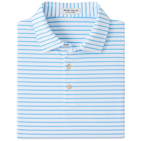 Peter Millar White Drum Performance Jersey Polo MS24EK08S Stripe Golf Blue - Picture 1 of 4